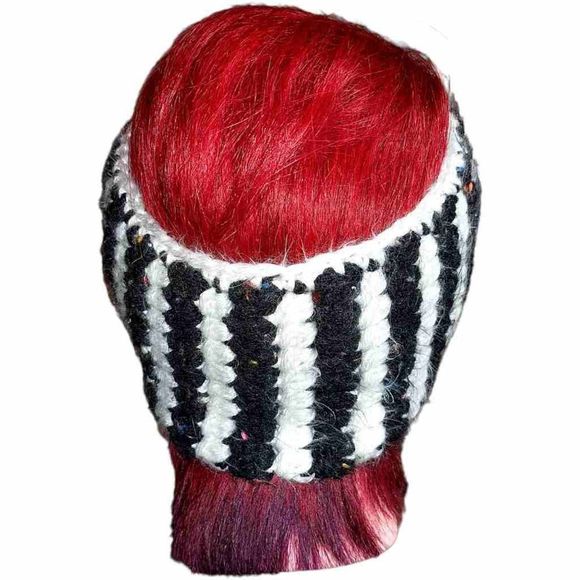 Handmade Angora Black And White Stripe Headband Earmuffs, Button Detail, New - Picture 3 of 4
